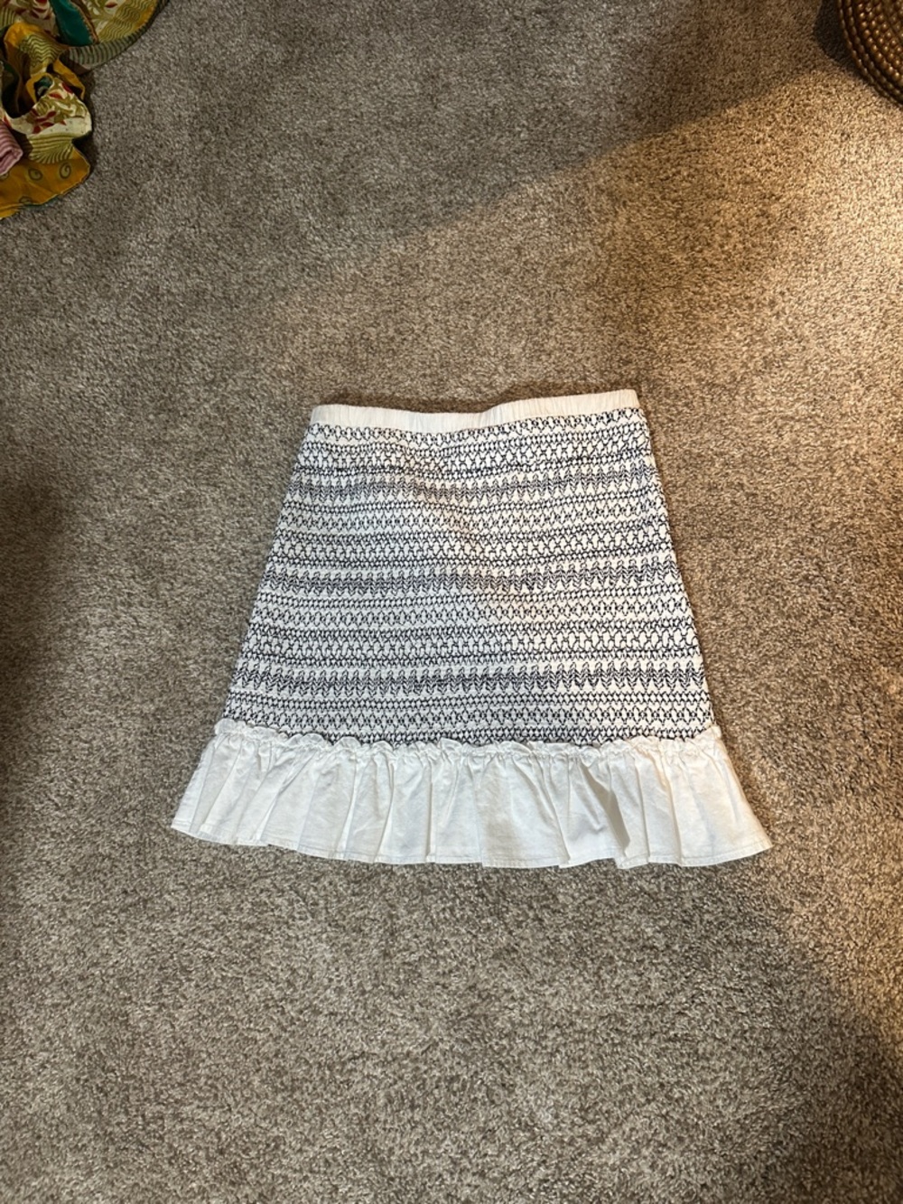 Chelsea & Violet White Skirt with Black Geometric Print and Ruffle Hem